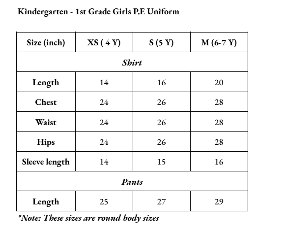 Kindergarten - 1st Grade Girls P.E Uniform