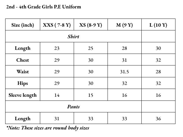 2nd - 4th Grade Girls P.E Uniform