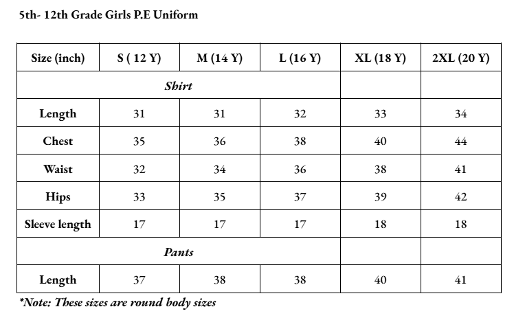 5th - 12th Grade Girls P.E Uniform