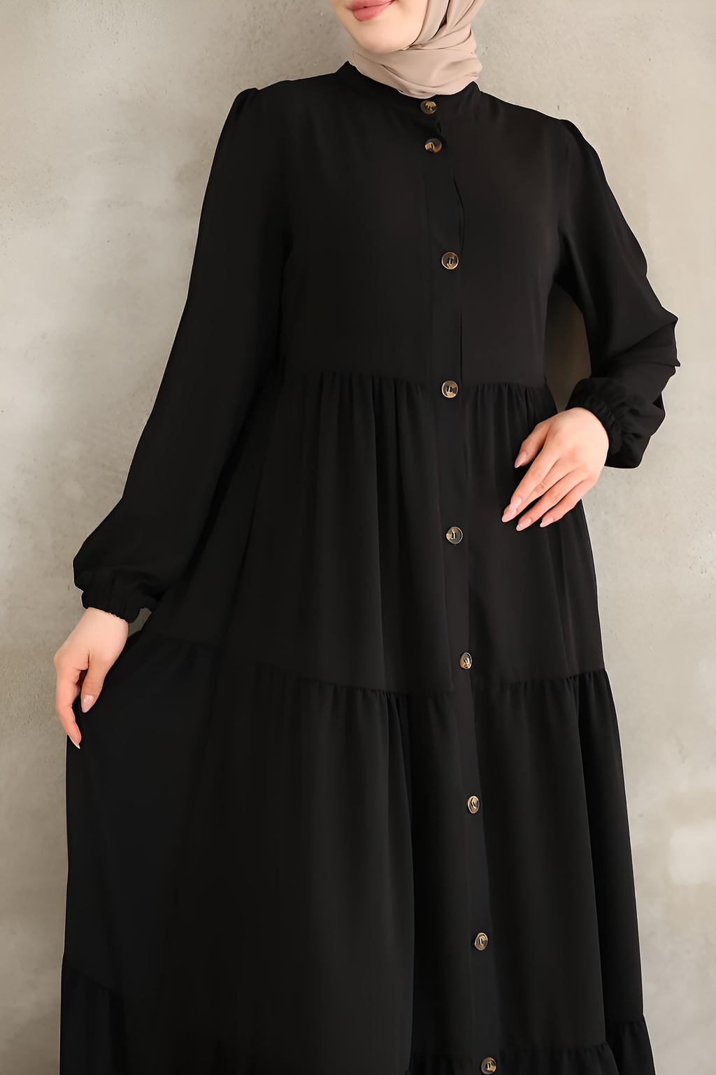Black Tiered Button-Down Maxi Dress with Waist Belt – Modest Maxi Dress