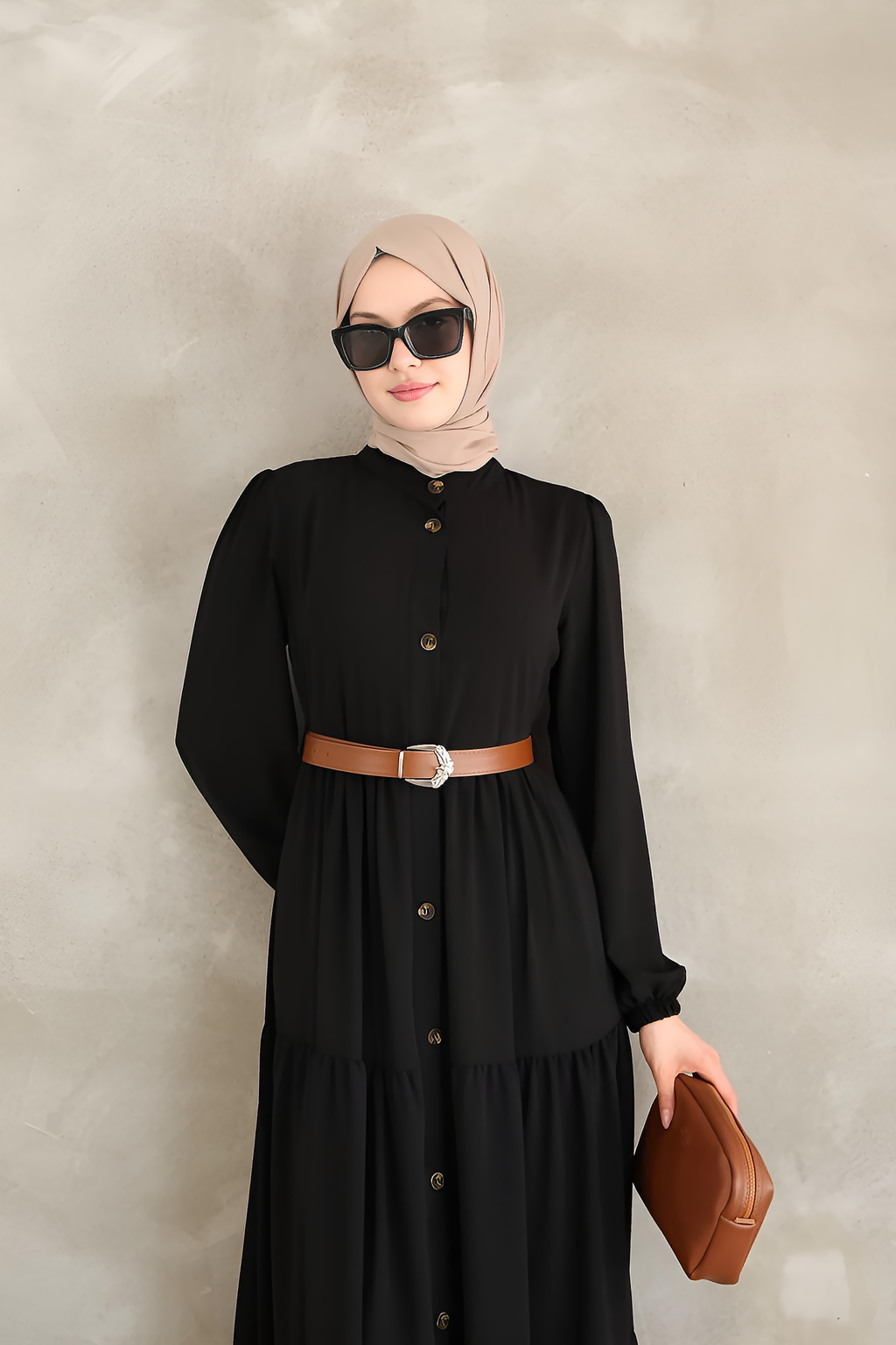 Black Tiered Button-Down Maxi Dress with Waist Belt – Modest Maxi Dress