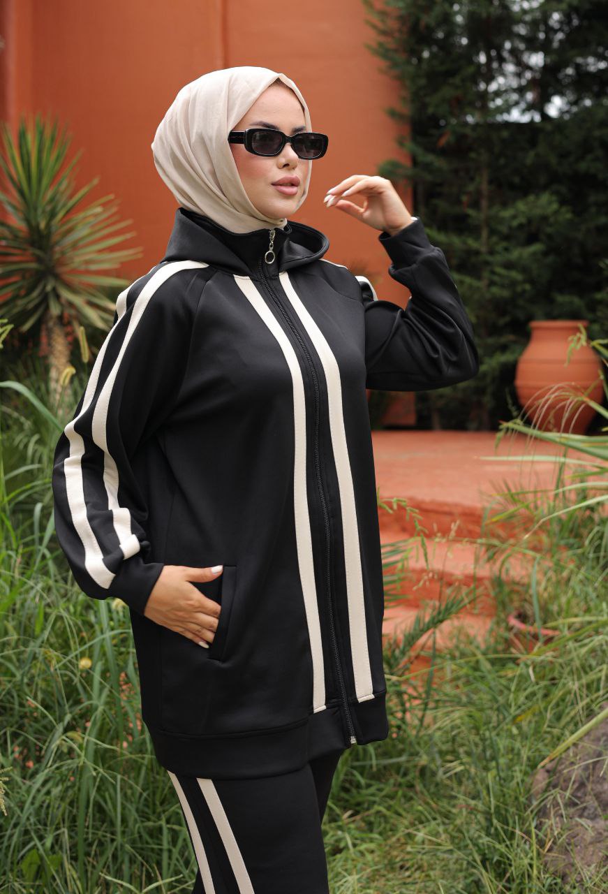 Black Striped Zip-Up Hoodie Tracksuit Set – Modest Activewear