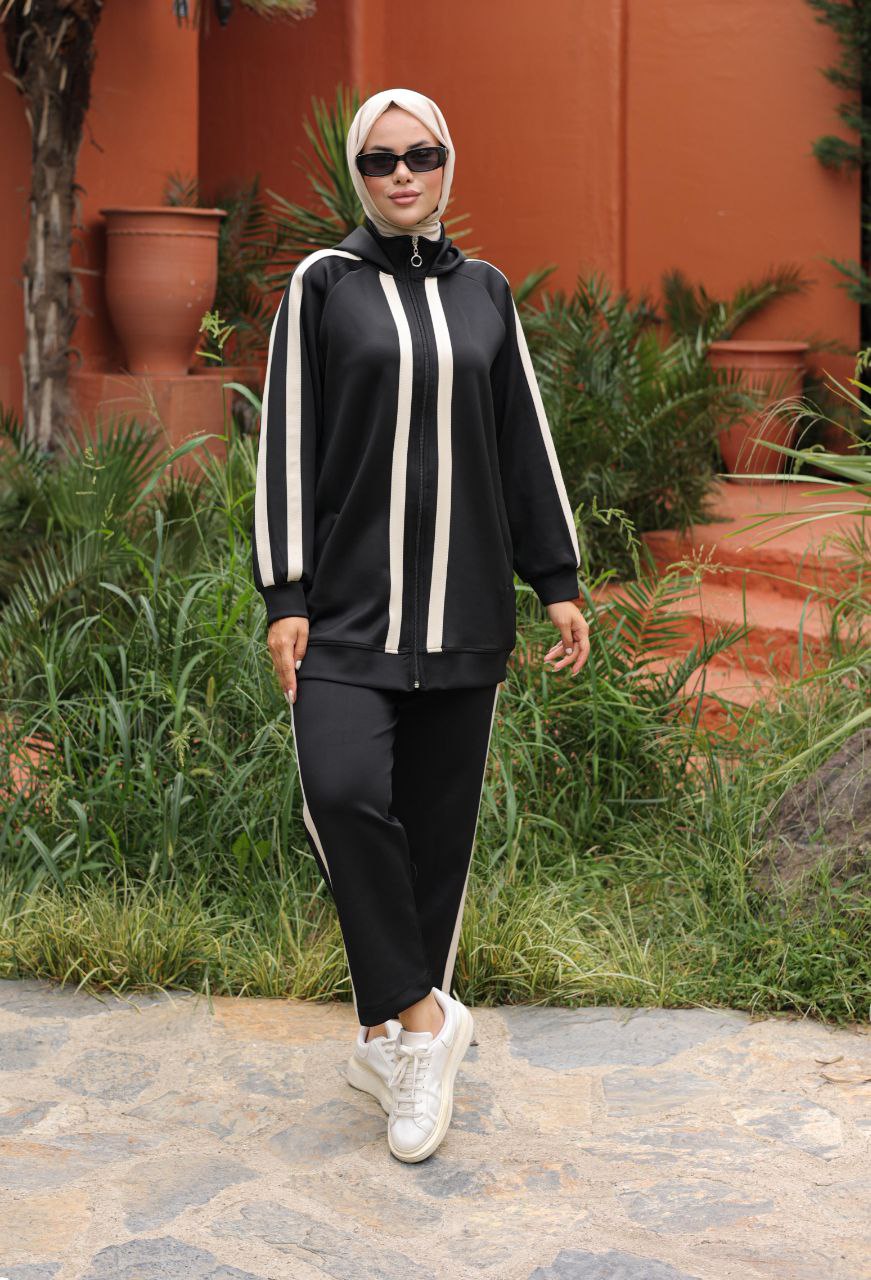 Black Striped Zip-Up Hoodie Tracksuit Set – Modest Activewear