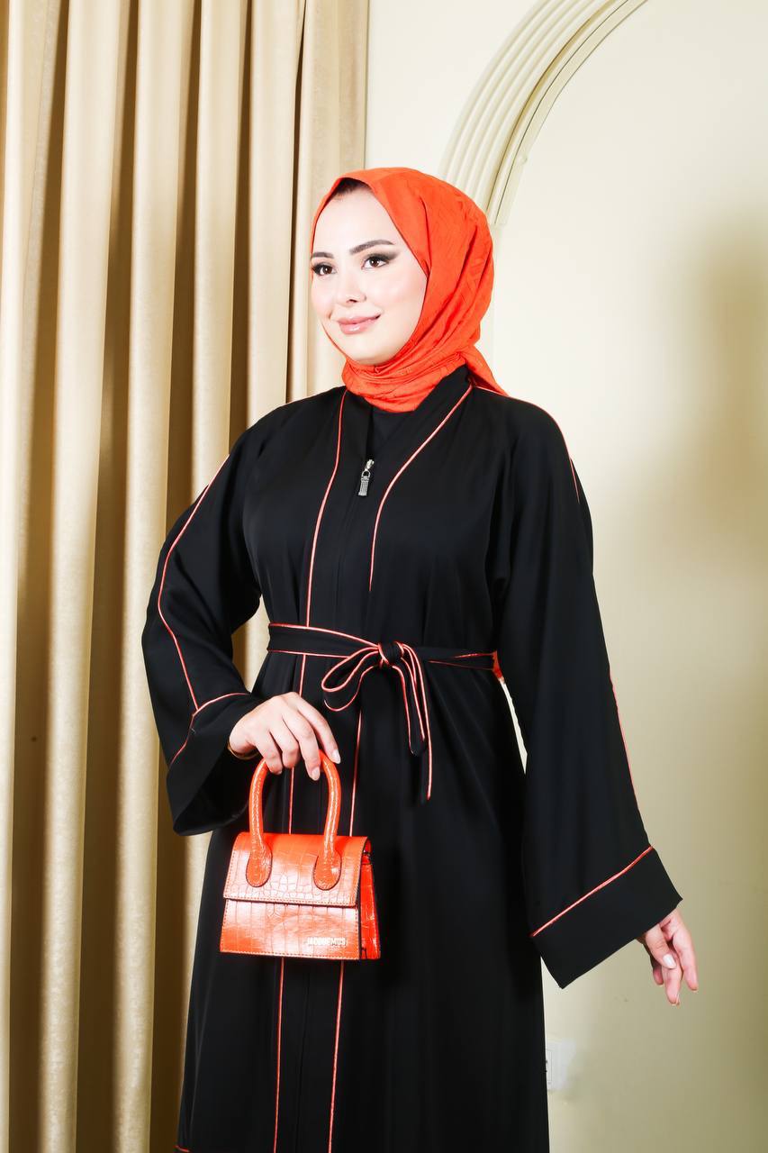 Black Abaya with Leopard Panel & Contrast Trim – Turkish Abaya